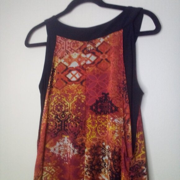 Rodan Dress Women M Sleeveless Open Front Flowing Black Orange Red - Picture 3 of 15